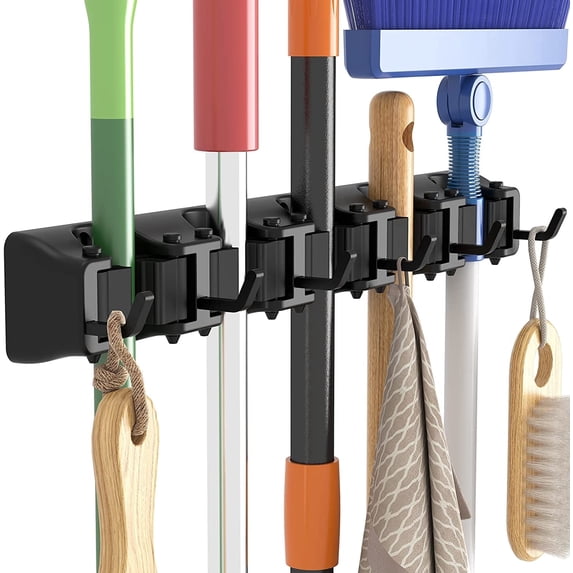 Lifewit Mop and Broom Holder Wall Mount, Anti-Slip Broom Hanger for Garage, Utility Room, Laundry Room, Pantry, Garden, 5 Slot 6 Hook, Black