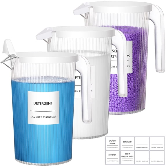 Lifewit Plastic Laundry Detergent Dispenser with Handle and Easy Pouring Lid Design,8 Lables, 51oz/1.5L, Soap, Softener, Scent Beads Contaniers for Laundry Room Organization, PET, Clear, 3 Pack