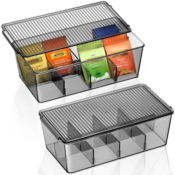 Lifewit Plastic Black Tea Bag Organizer, Divided Storage Bin Box with 8 Compartments, Holds Coffee Pods, Sugar Packets, Condiments, Snacks for Countertop, Cabinet, 2 Pack