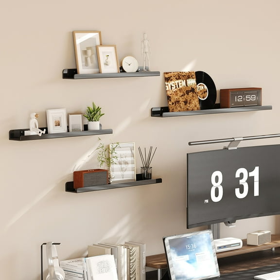 Lifewit Plastic Black Vinyl Record Display 4 Pack, 24 Inches Album Record Wall Mount Holder, Long Floating Shelves for Wall for Decor and Storage in Study Bed Room Living Room