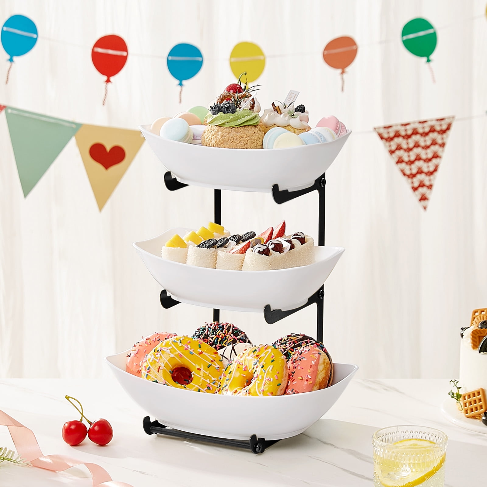 Lifewit Plastic Fruit Bowl Basket for Kitchen Countertop, 3 Tier Fruit Holder with Black Metal Stand, Serving Tray for Food, Vegetable, Cake, Dessert in Party