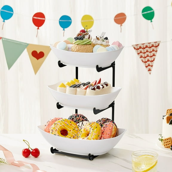 Lifewit Plastic Fruit Bowl Basket for Kitchen Countertop, 3 Tier Fruit Holder with Black Metal Stand, Serving Tray for Food, Vegetable, Cake, Dessert in Party