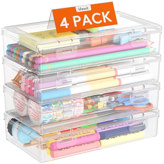 Lifewit Plastic Pencil Box with Snap-tight Lid, Large Capacity Hard Pencil Case, Stackable Craft organizer for Art Supply, Office, 4 Pack