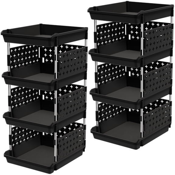 Lifewit Plastic Stackable Storage Baskets, 4 Tier Stacking Bins for Food and Clothes, Multifunctional Organizer for RV, Kitchen, Playroom, Pantry, Black, 35 x 30 x 72 cm/14 x 12 x 28 inch, 1 Pack