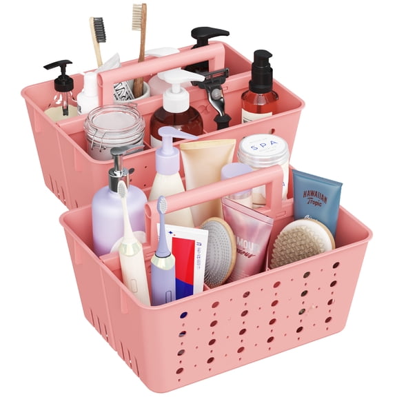 Lifewit Portable Shower Caddy with Handle, 2 Pcs Plastic Shower Caddy Dorm with Holes, Clean Organizer Basket for Bathroom, College, Dorm Room Essentials, Pink