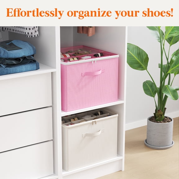 Lifewit Shoe Storage Organizer for Closet, Fabric Large Shoe Box Storage Containers with Clear Cover, Foldable Bins for Boots Heels Sneakers Fits 24-32 Pairs (Each 12-16 Pairs) 2 Pack Pink