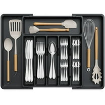 Lifewit Silverware Drawer Organizer Expandable Utensil Tray Adjustable Flatware, Plastic, Black