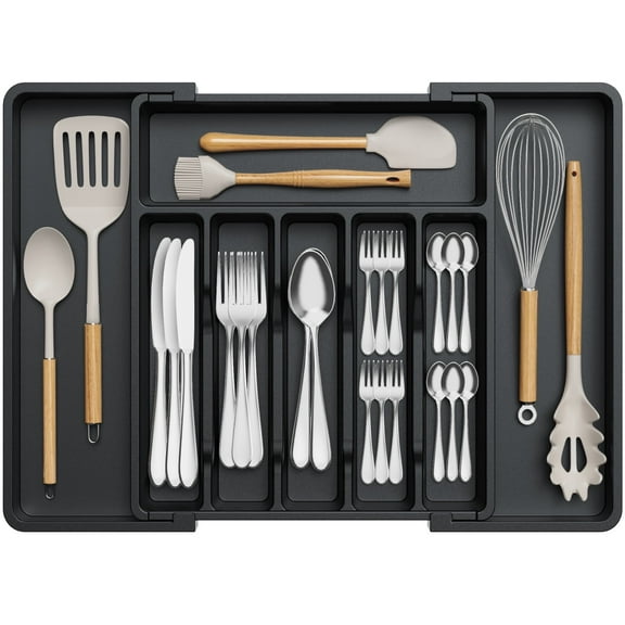 Lifewit Silverware Drawer Organizer Expandable Utensil Tray Adjustable Flatware, Plastic, Black