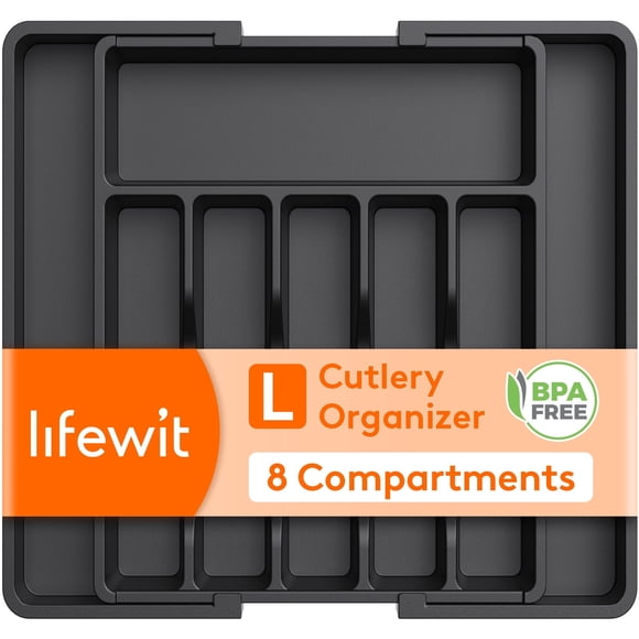 Lifewit Silverware Drawer Organizer, Expandable Utensil Tray BPA Free, Adjustable Flatware Storage for Spoons Forks Knives, 13"-22.4",  Black