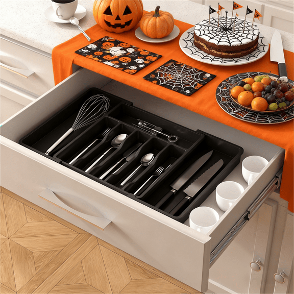 Lifewit Silverware Drawer Organizer Expandable Utensil Tray Adjustable Flatware, Plastic, Black