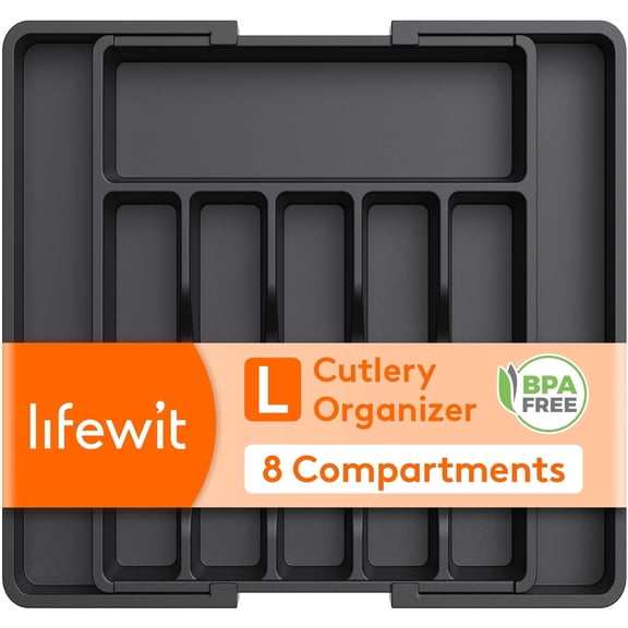 Lifewit Silverware Drawer Organizer, Expandable Utensil Tray BPA Free, 13"-22.4" Adjustable Flatware Storage for Spoons Forks Knives, Black