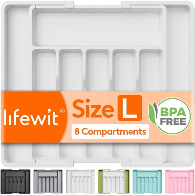 Lifewit Silverware Drawer Organizer, Expandable Utensil Tray BPA Free, Adjustable Flatware Storage for Spoons Forks Knives, 13"-22.4", White