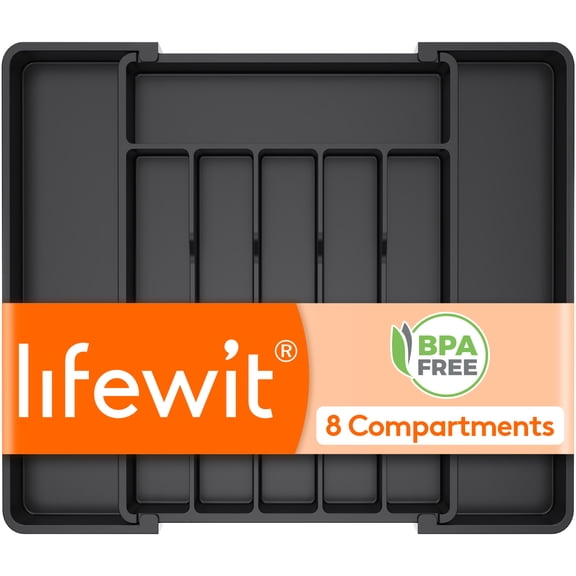 Lifewit Silverware Drawer Organizer, Expandable Utensil Tray for Kitchen, BPA Free Flatware and Cutlery Holder, Adjustable Plastic Storage for Spoons Forks Knives, 10.9"-17.5" x 13.7", Black
