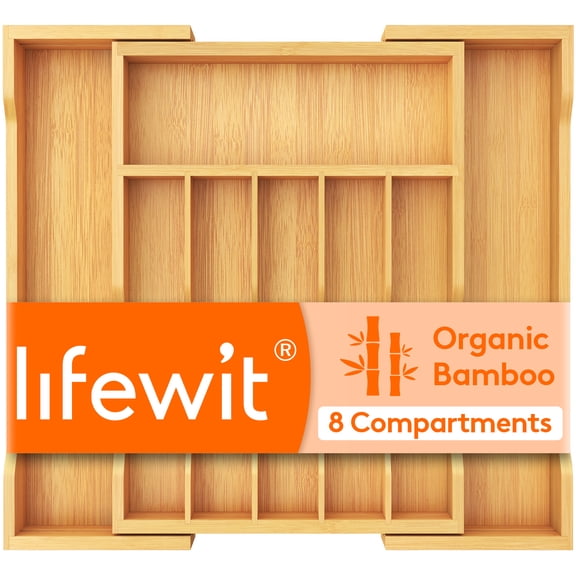 Lifewit Silverware Drawer Organizer, Expandable Utensil Tray for Kitchen, Bamboo Flatware and Cutlery Holder, Wood Adjustable Storage for Spoons Forks Knives, Large, Natural