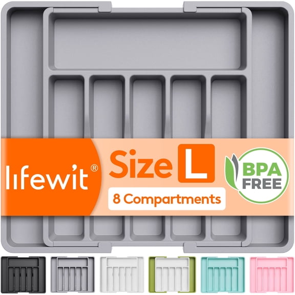 Lifewit Silverware Drawer Organizer, Expandable Utensil Tray BPA Free, Adjustable Flatware Storage for Spoons Forks Knives, 13"-22.4", Gray