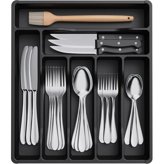 Lifewit Silverware Drawer Organizer Tray, Plastic Cutlery Storage for Kitchen Drawer, Flatware and Utensil Holder Divider for Spoons Forks Knives Tableware, 7 Compartment, Black