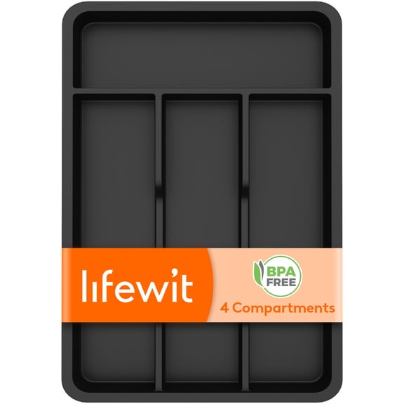 Lifewit Silverware Drawer Organizer Tray, Plastic Cutlery Storage for Kitchen, Flatware and Utensil Holder Divider for Spoons Forks Knives Tableware, 7.8 x 12.4", 4 Slots, Black