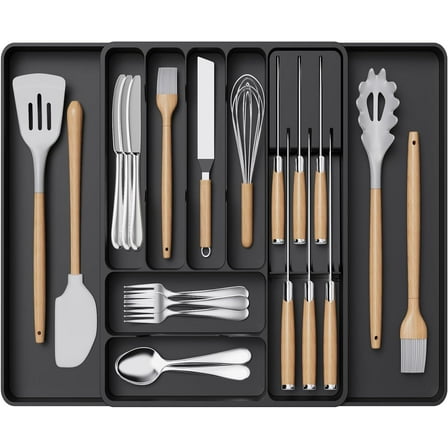 Lifewit Silverware Organizer for Kitchen Drawers, Expandable Utensil Tray with Removable Knife Block, Adjustable Cutlery and Flatware Holder, Plastic Spoon Forks Holder Storage Divider, Large, Black