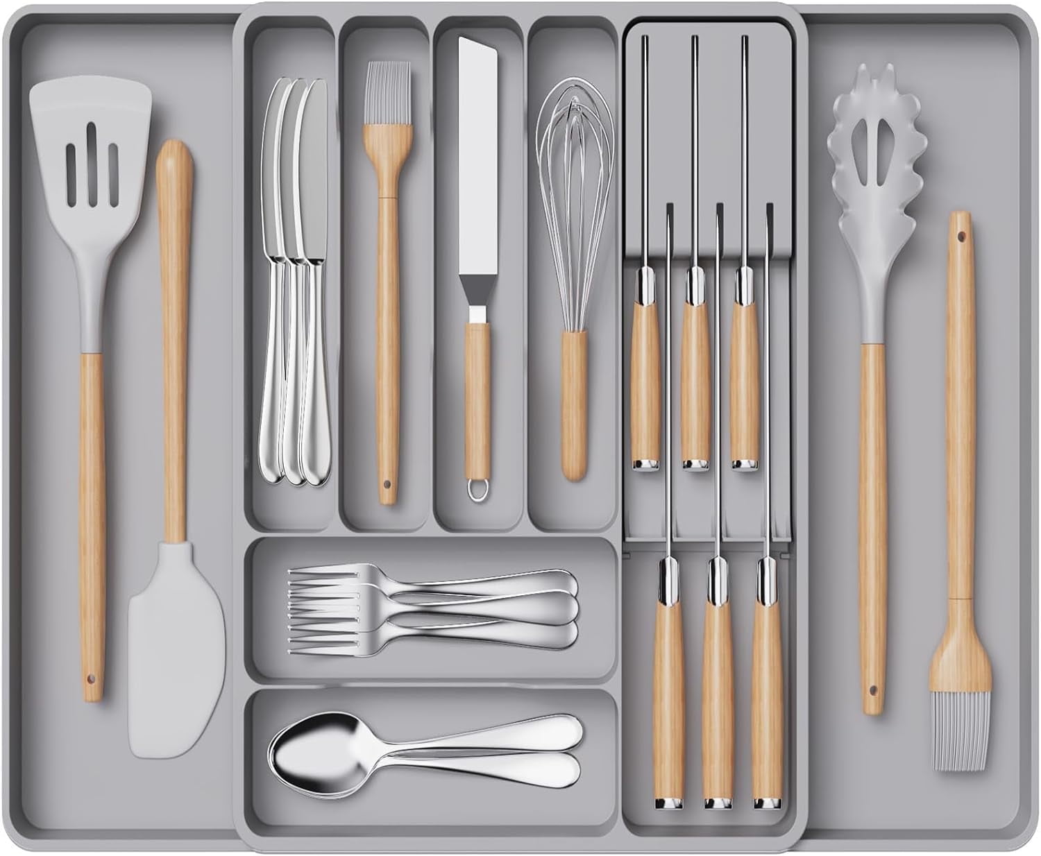Lifewit Silverware Organizer for Kitchen Drawers, Expandable Utensil Tray with Removable Knife Block, Adjustable Cutlery and Flatware Holder, Plastic Spoon Forks Holder Storage Divider, Large, Gray