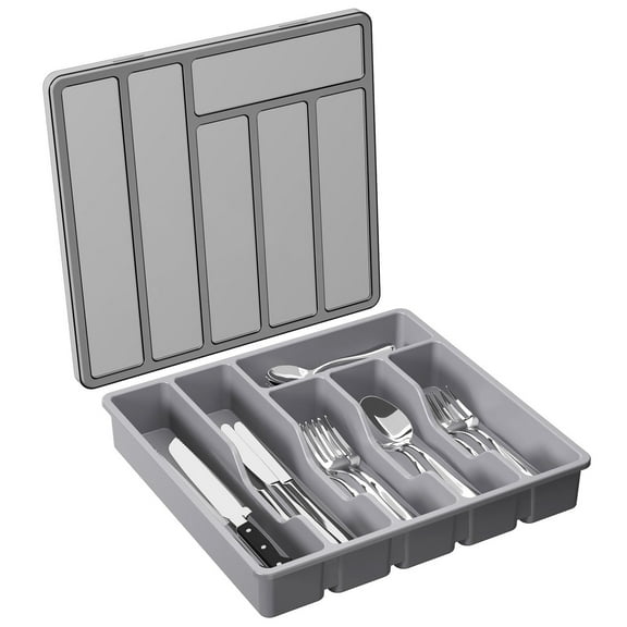 Lifewit Silverware Organizer with Lid, Covered Utensil Tray for Kitchen Drawer and Countertop, Plastic Cutlery and Flatware Storage Box for Spoons Forks Knives Holder Case, 6 Compartments, Gray