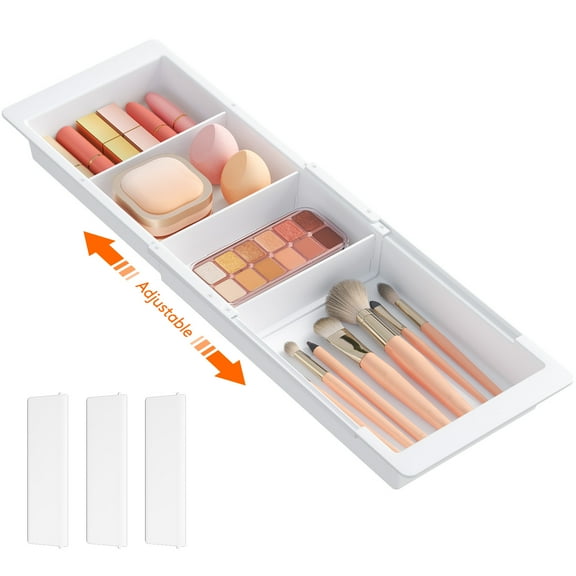 Lifewit Sliding Kitchen Drawer Organizer Tray with Inserts, Extendable Hanging Desk Drawer Divider, 14-23" Long/1.8" High Plastic Organizer Box in Vanity/Bathroom/Office/Kitchen, White