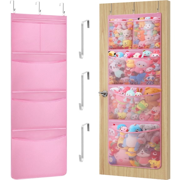 Lifewit Stuffed Animal Storage, 1 Pack Over the Door Organizer with 5 Expandable Mesh Pockets, Breathable Hanging Kid Plush Net Hammock Baby Toy Holder for Closet, Nursery, Bedroom, Bathroom, Pink
