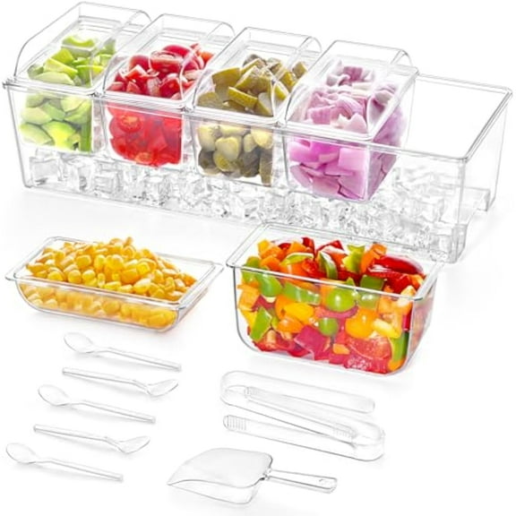Lifewit Taco Bar Serving Set for Party with 5 Containers & Components, Large Ice Chilled Condiment Caddy Organizer, Garnish Serving Tray Platter for Mimosa Bar Accessories, Fruit, Salad, Food