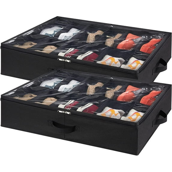 Lifewit Under Bed Shoe Storage Organizer, Set of 2, Fits 24 Pairs, Closet Organizers and Storage, Durable Shoe Bag w/ Cardboard, Dual Zippers, Black