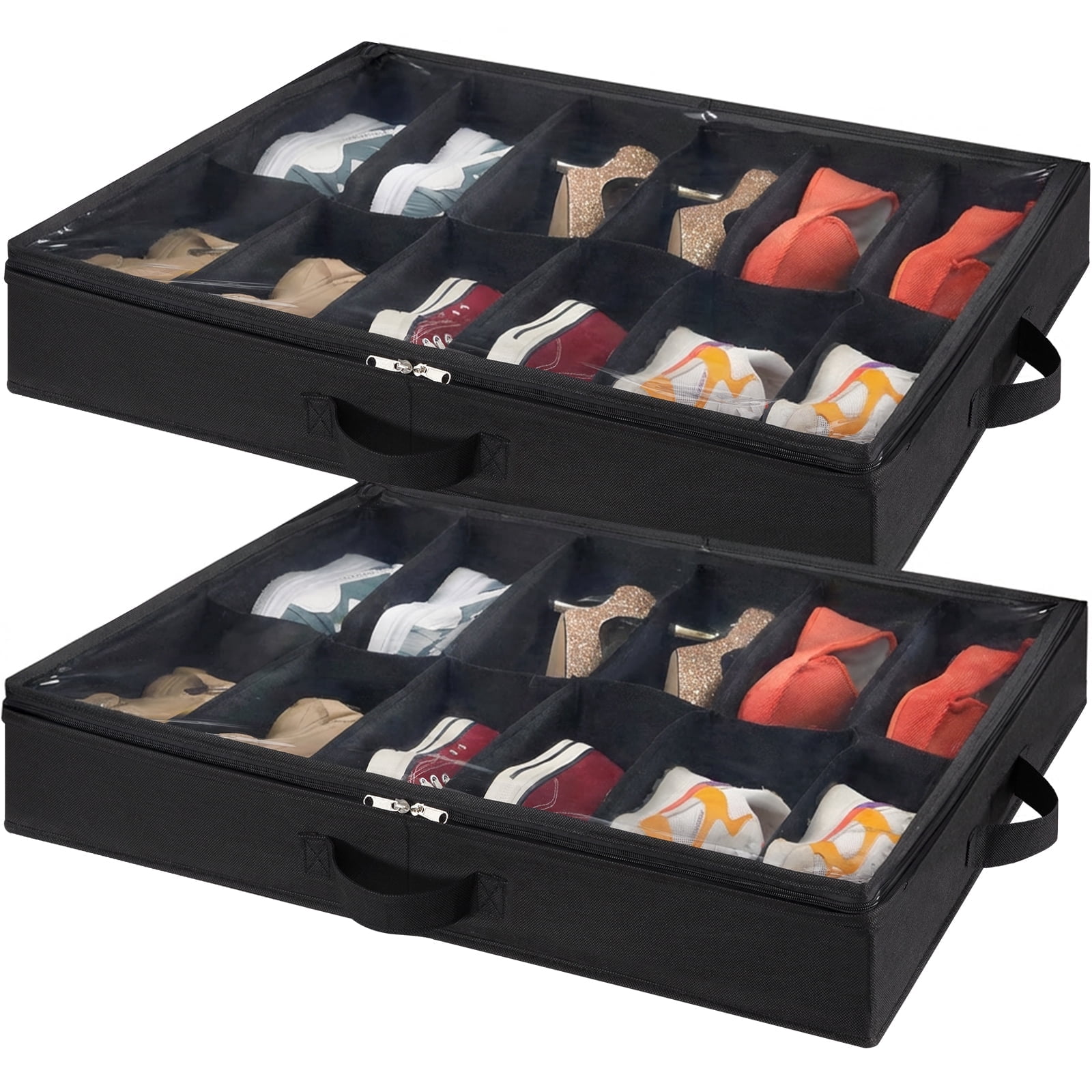 Lifewit Under Bed Shoe Storage Organizer, Set of 2, Fits 24 Pairs, Closet Organizers and Storage, Durable Shoe Bag w/ Cardboard, Dual Zippers, Black