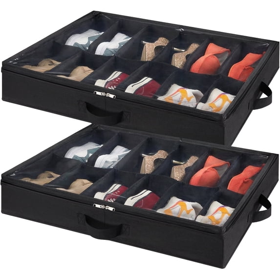 Lifewit Under Bed Shoe Storage Organizer, Set of 2, Fits 24 Pairs, Closet Organizers and Storage, Durable Shoe Bag w/ Cardboard, Dual Zippers, Black