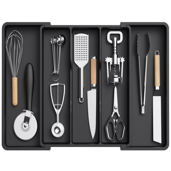 Lifewit Utensil Organizer for Kitchen Drawers, Expandable Cooking Utensil Tray, Adjustable Cutlery Silverware Flatware Holder, Plastic Kitchen Spatula Tools and Gadgets Storage Divider, Large, Black