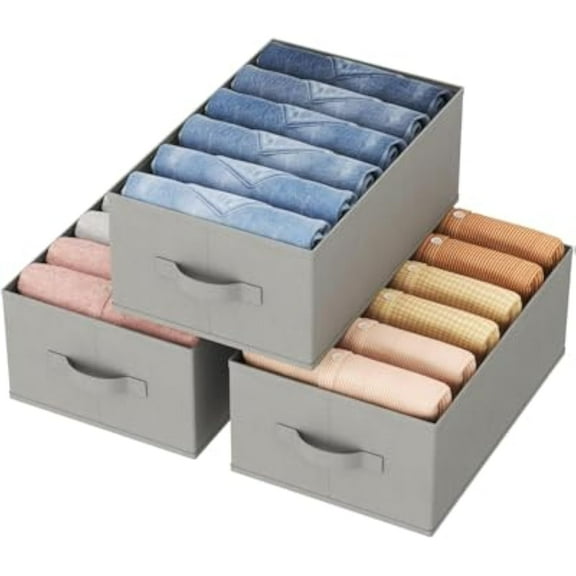 Lifewit Wardrobe Clothes Organizer 3 Pack, Large Size 6 Grids Closet Jean Storage Bins with Handles and Support Boards, Foldable Drawer Dividers for Sweater, Pants, T-Shirt, Hoodie, Dress, Grey