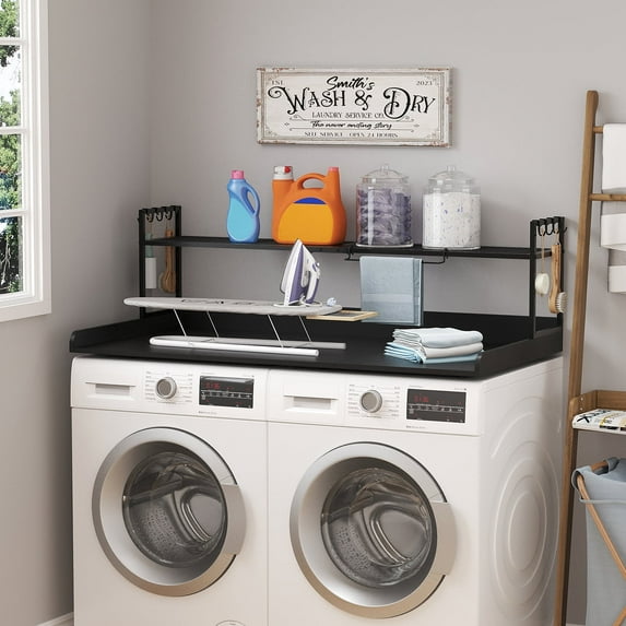 Lifewit Washer Dryer Countertop with Adjustable Shelf, Splice Type, 54" x 27.5" Melamine Cover for The Top with Edge Rails, Towel Rack, 8 Hooks, Laundry Room Storage and Organization, Black