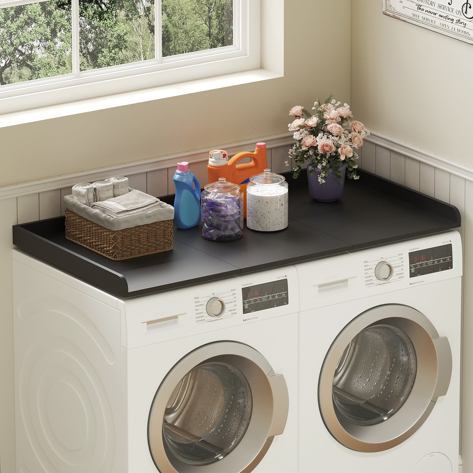 Lifewit Washer Dryer Countertop, Spice Type, 54" Length x 27.5" Width Melamine Covers with Edge Rails for The Top, Laundry Room Storage and Organization, Black