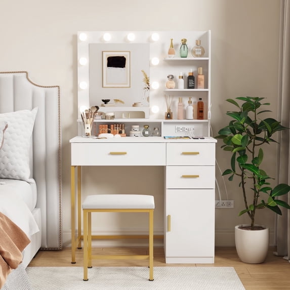 Lifewit White-Gold Vanity Set with LED Lights, Luxury Makeup Desk with Charging for Women, Teenagers