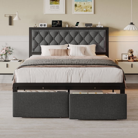 Lifezone Bed Frame with Linen Upholstered Headboard, Lockable Storage, Queen Size, Gray