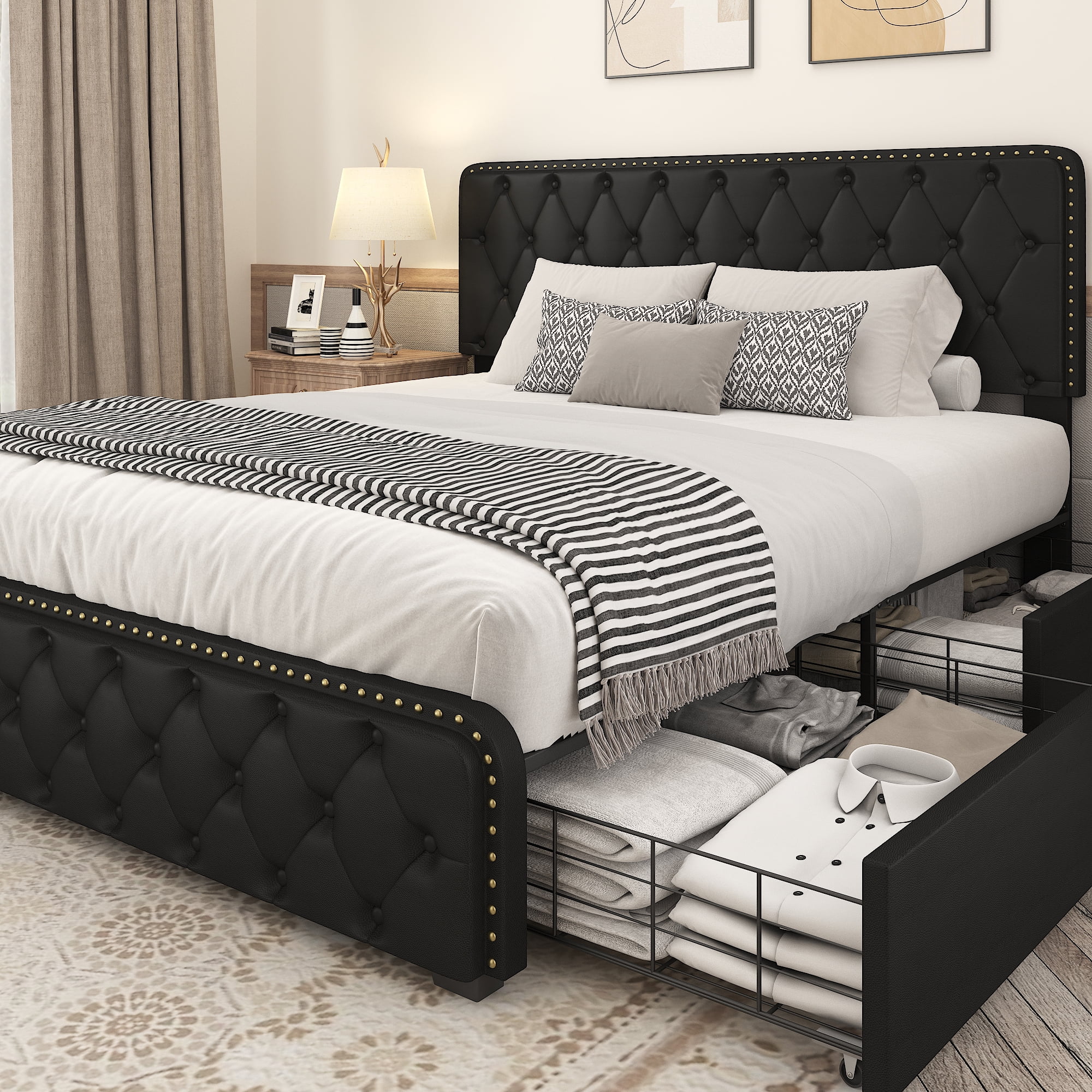 Lifezone Faux Leather Queen Platform Bed with 4 Storage Drawers and