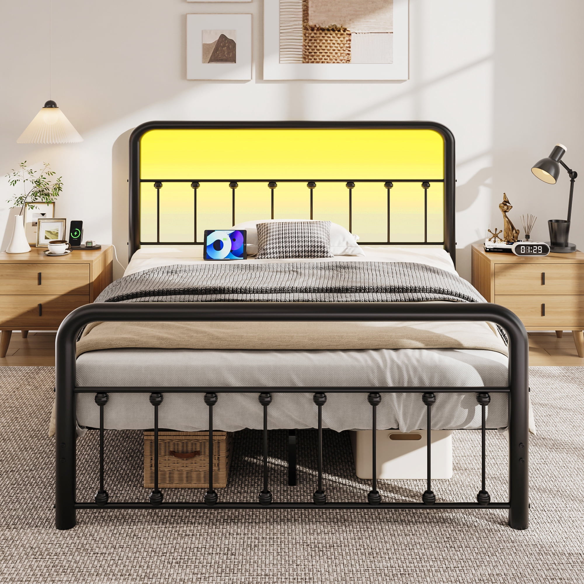 Lifezone Full Bed Frame, Classic Metal Platform Bed Frame, with Charging Station and LED, No Need for Springs, Black