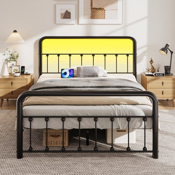 Lifezone Full Bed Frame, Classic Metal Platform Bed Frame, with Charging Station and LED, No Need for Springs, Black