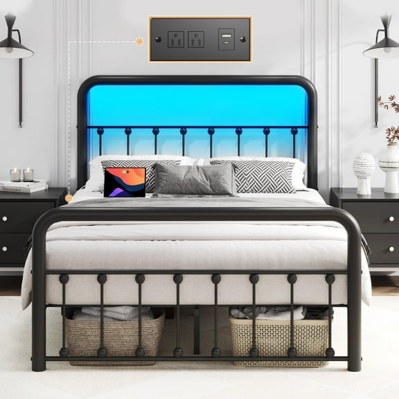 Lifezone Full Bed Frame, Classic Metal Platform Bed Frame, with Charging Station and LED, No Need for Springs, Black