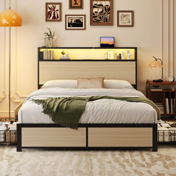 Lifezone Full Bed Frame with 2-Tier Storage Headboard, USB Port and LED Light, 4 Storage Drawers, Begie