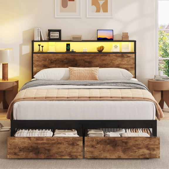 Lifezone Full Bed Frame with Headboard and Storage, 2-Tier Storage Headboard & Foot-Board Drawers, Rustic Brown