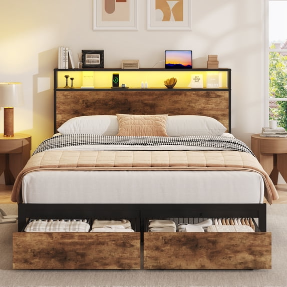 Lifezone Full Bed Frame with Headboard and Storage,2-Tier Storage Headboard & Foot-Board Drawers, Rustic Brown