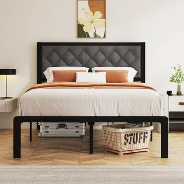 Lifezone Full Bed Frame with Linen Upholstered Headboard, Metal Support, No Box Spring Needed, Noise Free, Under Bed Storage, Easy Assembly, Grey