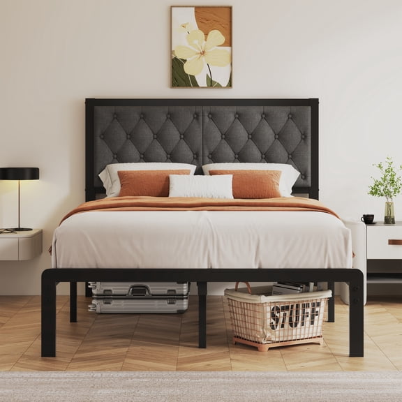 Lifezone Upholstered Bed Frame with Headboard, Full, Metal Support, No Box Spring Needed, Noise Free, Easy Assembly, Grey
