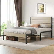 Lifezone Full Bed Frame with Rustic Vintage Wood Headboard and Footboard,Metal Support,Beige