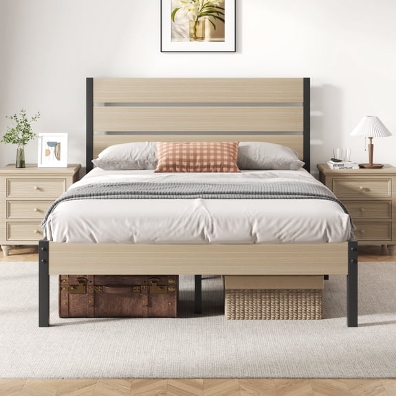 Lifezone Full Bed Frame with Rustic Vintage Wood Headboard and Footboard,Metal Support,Beige