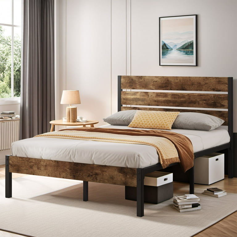 Lifezone Rustic Full Bed Frame with Headboard Footboard Metal Support Brown Walmart