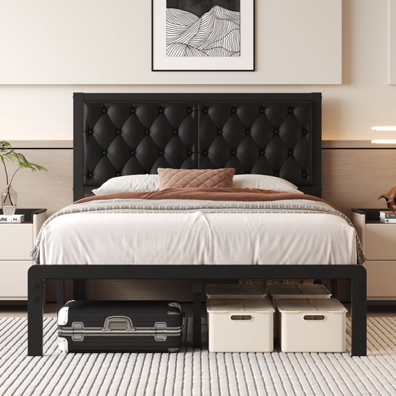 Lifezone Upholstered Bed Frame with Headboard, Full, Metal Support, No Box Spring Needed, Black
