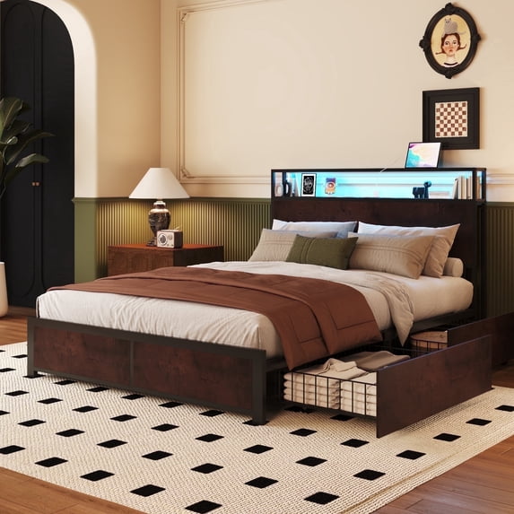 Lifezone Full Size Bed Frame with 2-Tier Bookcase Headboard Platform Bed with Charging Station & LED, 4 Storage Drawers, Metal Support, No Box Spring Needed, Noise Free, Brown